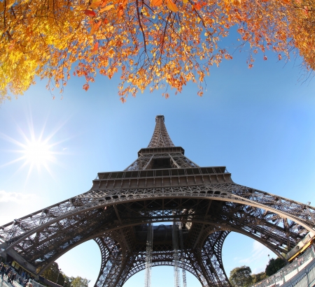 Eiffel tower against autumn tree in Paris, Franceのeditorial素材