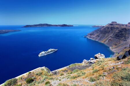 Santorini  coast with luxury ship in Greeceの写真素材