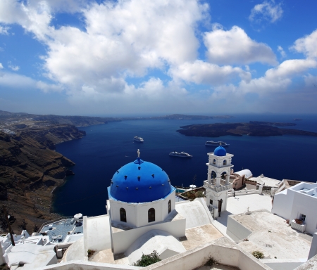 Santorini with churches and sea view in Greeceの写真素材