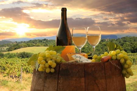 White wine with barrel on vineyard in Chianti, Tuscany, Italyの写真素材