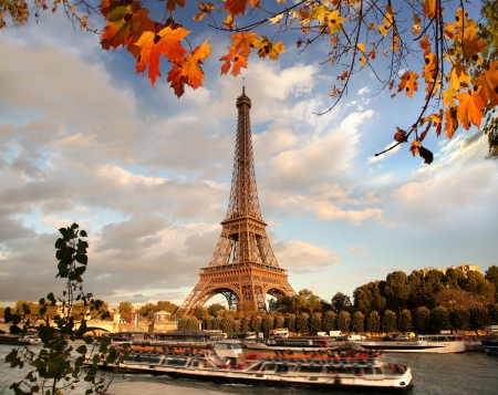 Eiffel Tower with autumn leaves in Paris, Franceの写真素材