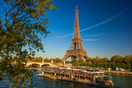 Eiffel Tower with boat on Seine in Paris, Franceのeditorial素材