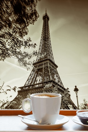 Famous Eiffel Tower with cup of coffee art style in Paris Franceの写真素材