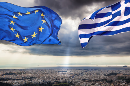 City of Athens with flags of Greece and the European Union in Greece
