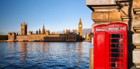 London symbols with Big Ben and Red Phone Booths in England, UKの写真素材