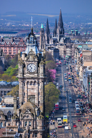 Old town Edinburgh with clock tower in Scotlandの写真素材
