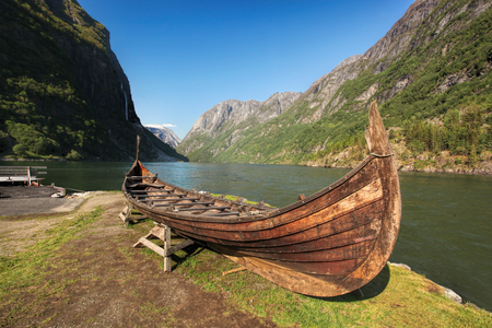 Old viking boat in Gudvangen village near Flam, Norwayの写真素材