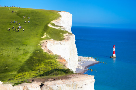 Beachy Head Lighthouse with chalk cliffs near the Eastbourne, East Sussex, Englandの写真素材