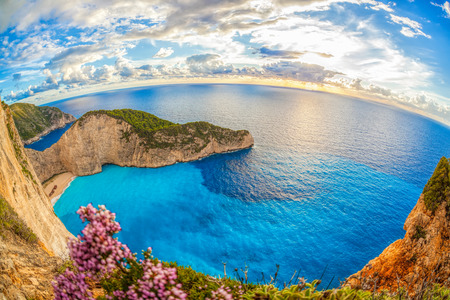 Navagio beach with shipwreck and flowers on Zakynthos island in Greeceの写真素材