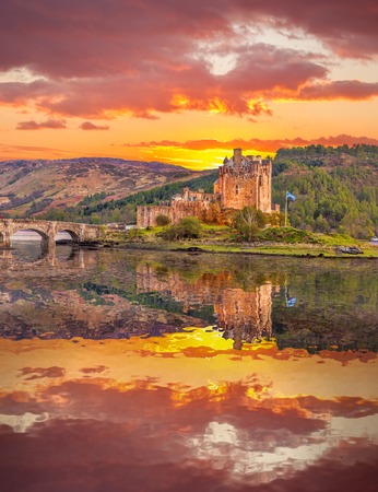 Eilean Donan Castle against sunset in Highlands of Scotlandのeditorial素材