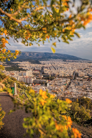Large city of Athens with spring trees in Greece