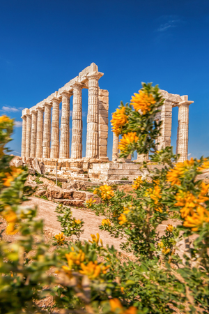 Greek temple Poseidon during spring time, Cape Sounion in Greeceの写真素材