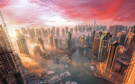 Dubai Marina with colorful sunset in Dubai, United Arab Emiratesの写真素材