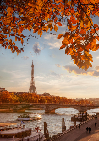 Paris with Eiffel Tower against autumn leaves in Franceの写真素材