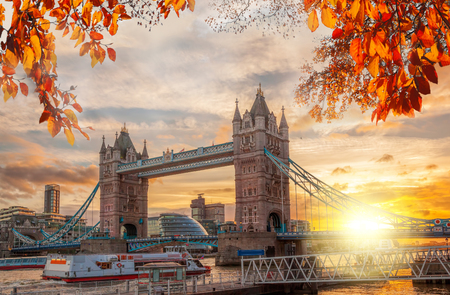 Tower Bridge with autumn leaves in London, England, UKのeditorial素材