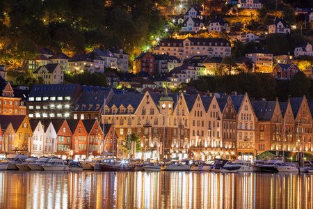 Bergen street at night with boats in Norwayのeditorial素材
