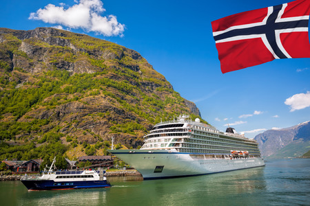 Cruise ship in fjord, Flam, Norwayの写真素材