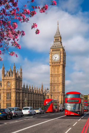 Big Ben with bus during spring time in London, England, UKの写真素材