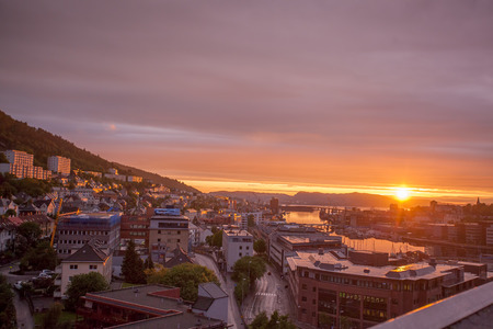 Bergen with colorful sunset in Norwayの写真素材