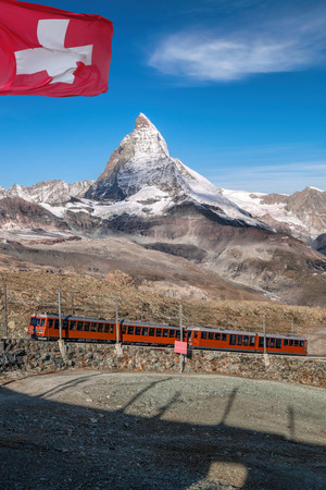 Famous Matterhorn peak with Gornergrat train in Zermatt area, Switzerlandの写真素材