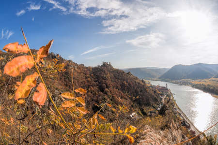 Panorama of Duernstein village with castle and Danube river during autumn in Austriaのeditorial素材