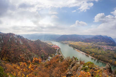 Panorama of Duernstein village with castle and Danube river during autumn in Austriaのeditorial素材