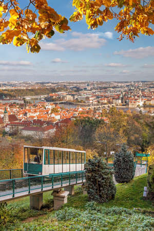 Cable car against Prague city center during autumn, Prague, Czech Republicのeditorial素材