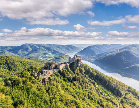 Beautiful landscape with Aggstein castle ruin and Danube river at sunset in Wachau walley, Lower Austria, Austriaのeditorial素材