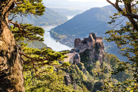 Beautiful landscape with Aggstein castle ruin and Danube river at sunset in Wachau walley, Lower Austria, Austriaのeditorial素材