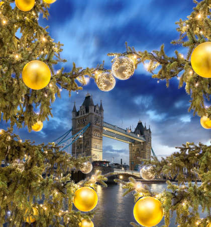Tower Bridge with Christmas tree in London, England, UK