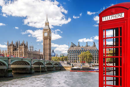 London symbols with BIG BEN and red Phone Booths in England, UKの写真素材