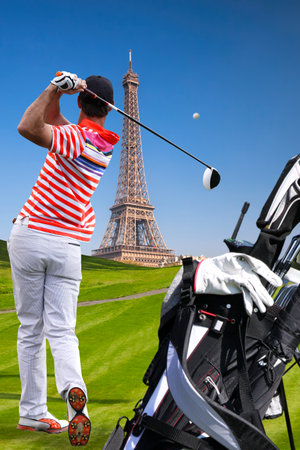 Olympic golf in Paris 2024 (man playing golf against Eiffel Tower in France)の写真素材