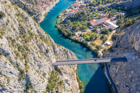 Road bridge in canyon with the Cetina river against Omis, Croatia, Europeの写真素材
