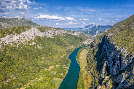 Boats in the canyon on the Cetina river near Omis, Croatia, Europeの写真素材