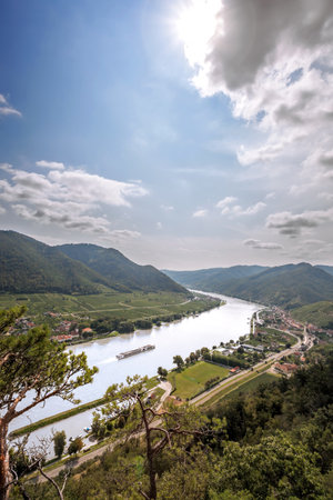 Wild nature of Wachau Valley (Unesco world heritage site) with boat on Danube river near the Spitz village in Lower Austria, Austriaの写真素材