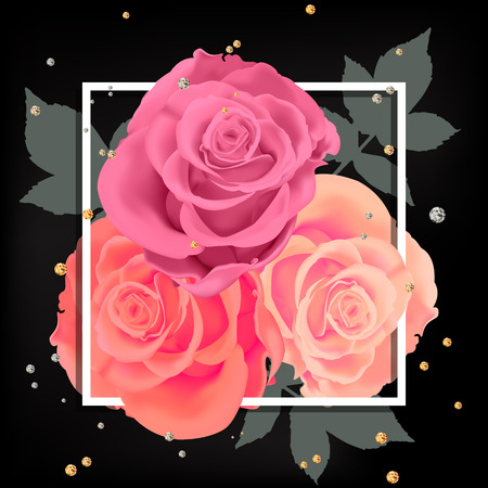 Floral card design for greeting or invitation. Realistic roses with frame on black background. Vector illustration.のイラスト素材