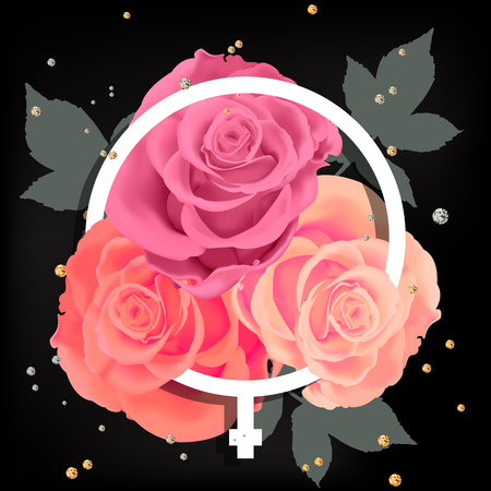 Floral card design for greeting or invitation. Realistic roses with frame on black background. Vector illustration.のイラスト素材