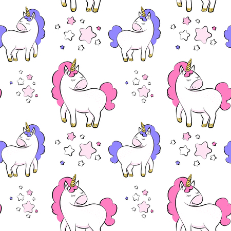 Vector seamless pattern with beautiful unicorns 
with stars. Magic background for wrapping 
presents, scrapbook pages, cards, party 
decorations, invitations.のイラスト素材