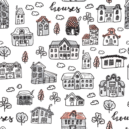 Seamless pattern with cute hand drawn houses. Vector city street collection.のイラスト素材