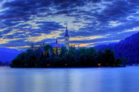 Church on the island - Lake bled in early morningの写真素材
