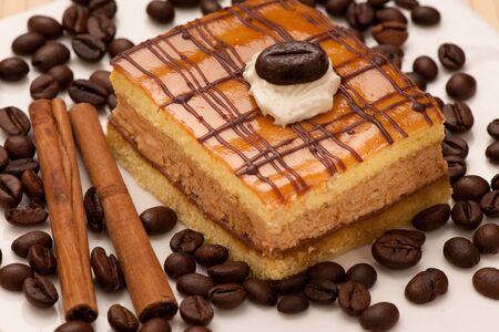 coffe cake on a plate decorated with cinnamon and coffee beans
