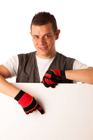 Worker points to blank boardの写真素材