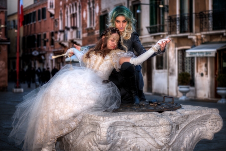 VENICE, ITALY - FEBRUARY 8: Unidentified people in Venetian masks at St. Mark's Square, Carnival of Venice on February 8, 2013. The annual carnival is from February 2 to February 12, 2013.のeditorial素材