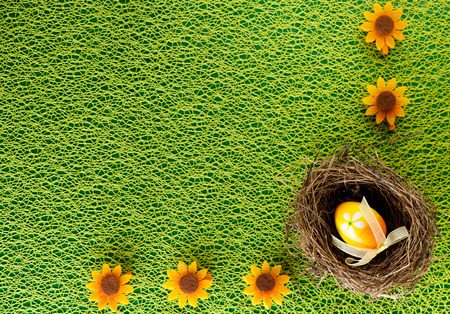 Colorful easter eggs decorated on color backgroundの写真素材