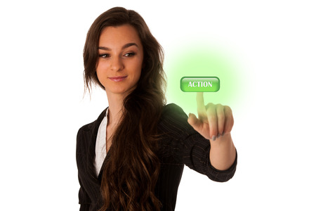 Beautiful young asian caucasian woman pressing a button on transparent screen isolated over whitte...