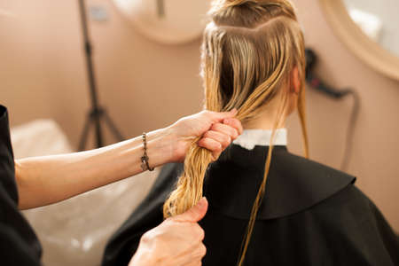 Hair stylist at work - hairdresser cutting hair to the customer before doing hairstyle in a...