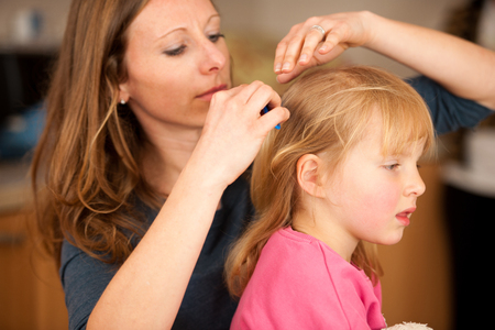 Mother combs hair to a cute little girl