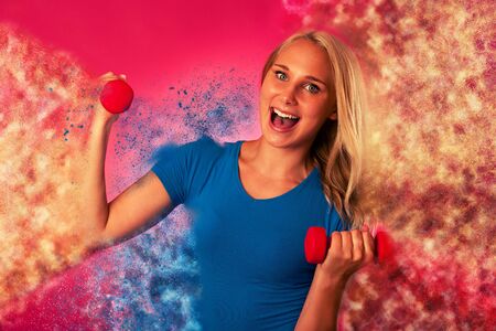 healthy lifestyle sport success - fit blond woman workout with dumbbellsの写真素材