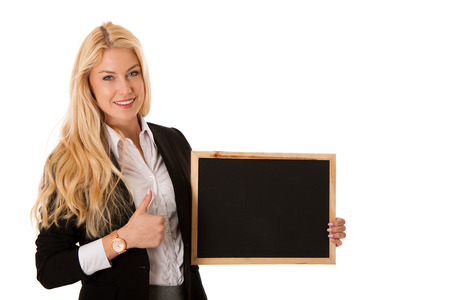 business woman holding a blank blackboard - teacherの写真素材