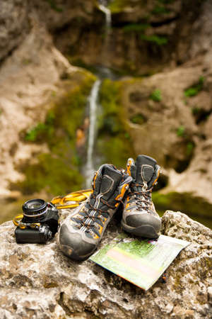 Shoes camera and map trekking accessoriesの写真素材